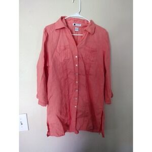 Carole Little Linen Tunic Top Button Down Long Sleeve Coral Pink XL